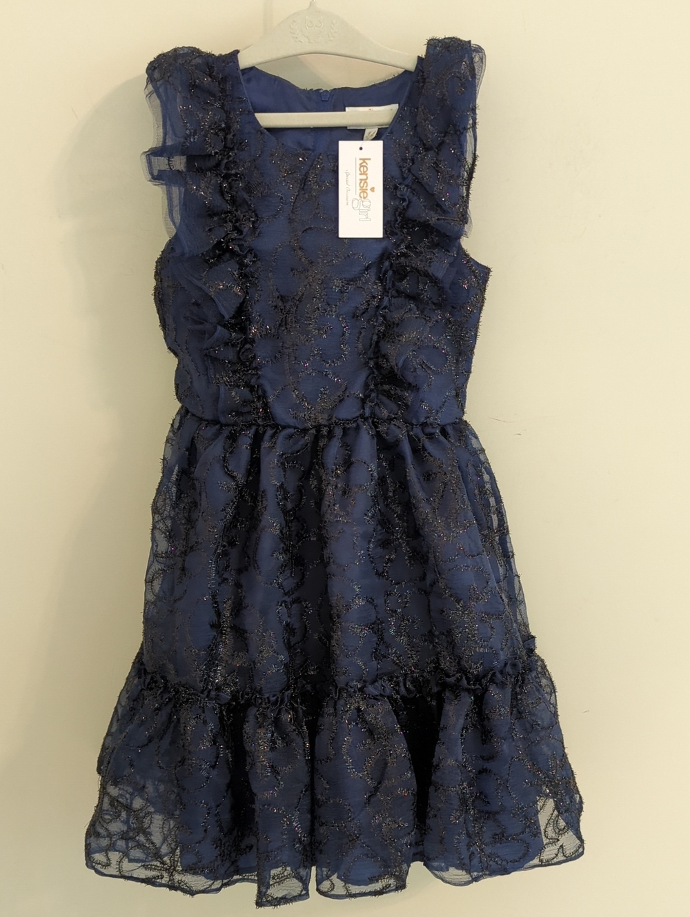 Kensie Girl Navy Blue Metallic Lace Ruffle Party Dress NWT